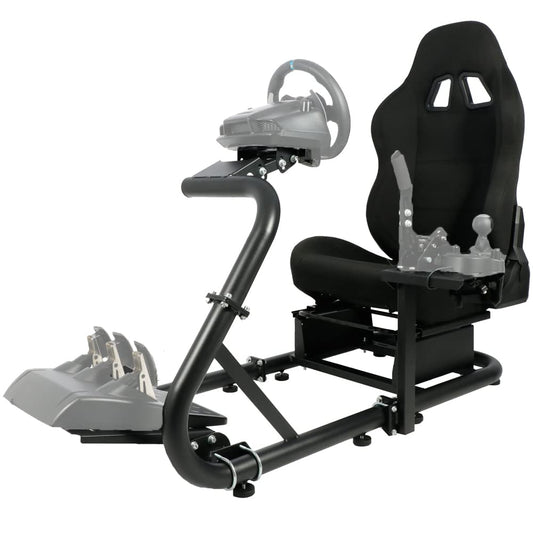 G29 Racing Simulator Cockpit Stand with Black Seat fits G27 G923 G920, Thrustmaster, Fanatec, Single Arm Large Round Tube Racing Wheel Stand Shifter&Wheel&Pedals Not Included