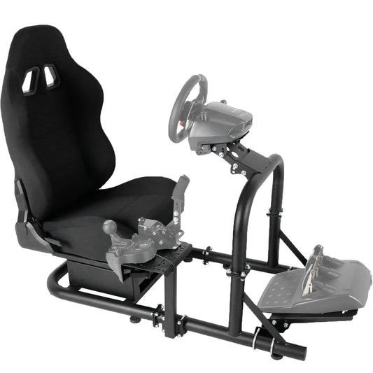 Upgrade Racing Simulator Cockpit Stand with Black Racing Seat fit for Logitech G27 G29 G923, Thrustmaster, Fanatec, Adjustable Wheel Stand,Handbrake&Shifter&Wheel&Pedal Not Included