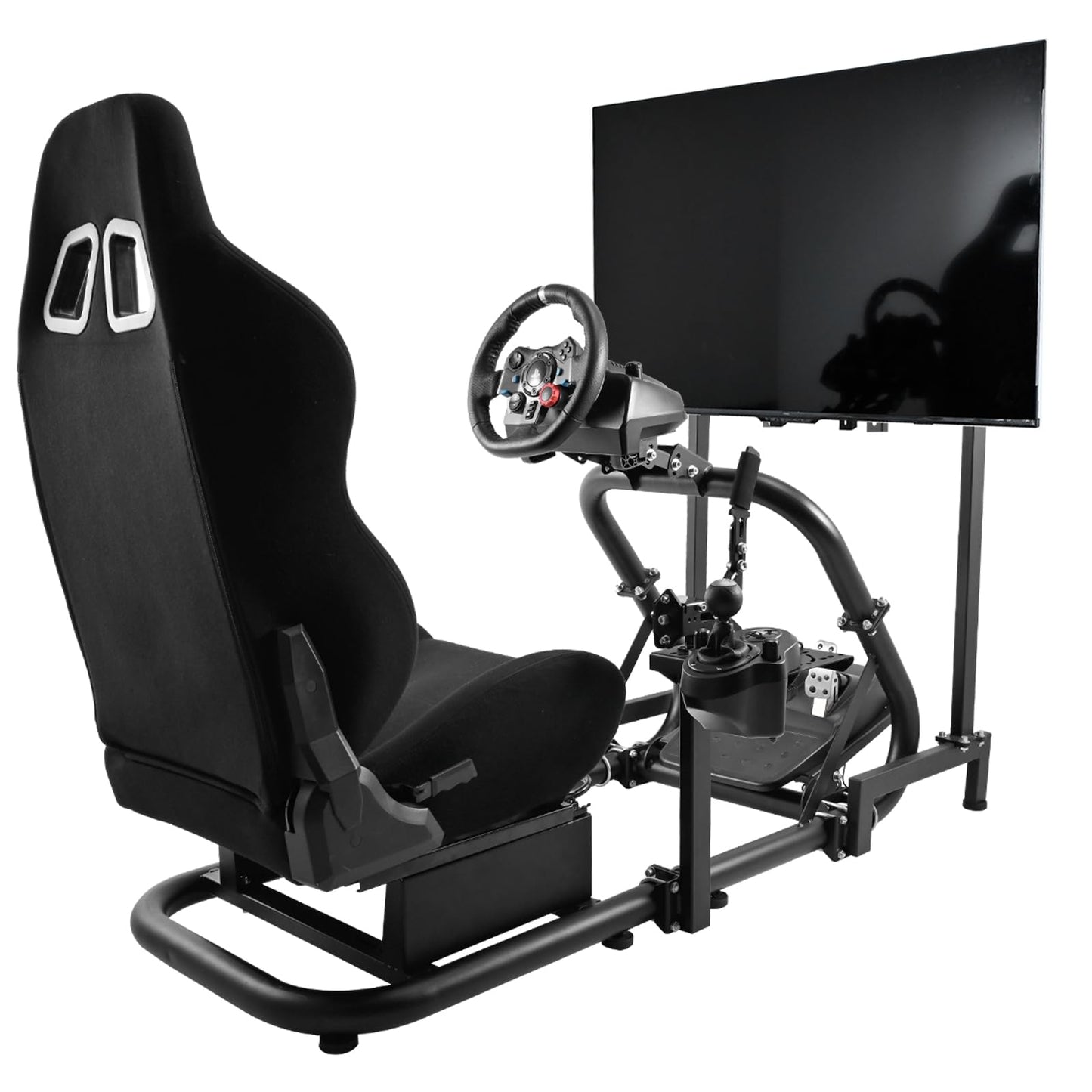 Racing Simulator Cockpit Black Racing Seat Stand with Monitor Mount Compatible with Logitech G27 G29 G920 G923 Thrustmaster Fanatec without TV Shifter Wheel Pedals