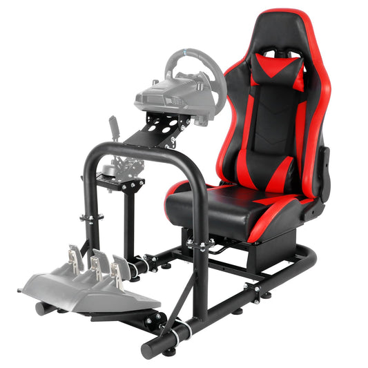 Upgrade Racing Simulator Cockpit Stand with Red Racing Seat fit for Logitech G27 G29 G923, Thrustmaster, Fanatec, Adjustable Wheel Stand Handbrake&Shifter&Wheel&Pedal Not Included