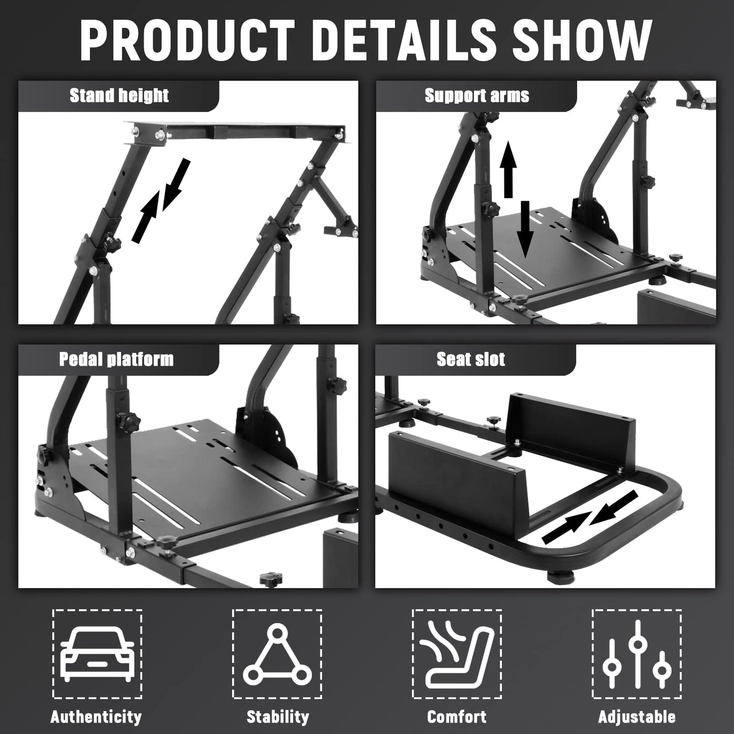 Adjustable Racing Simulator Cockpit Stand with Support Arms fit for Logitech G920 G27 G29 Thrustmaster T300RS T300 T248,Steering Wheel Shifter Pedal and Seat Not Included
