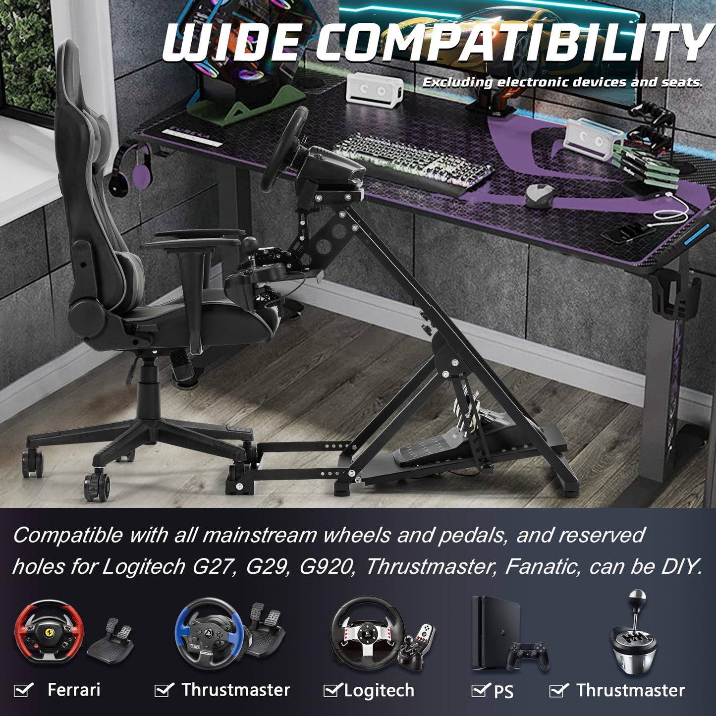Foldable Racing Steering Wheel Bracket X-shaped Structure Large Panel Stabilizer Mount Fits for Logitech, Thrustmaster, Fanatec G29/G920/G923/G PRO T128 T248 T458 Not Including Gaming Device