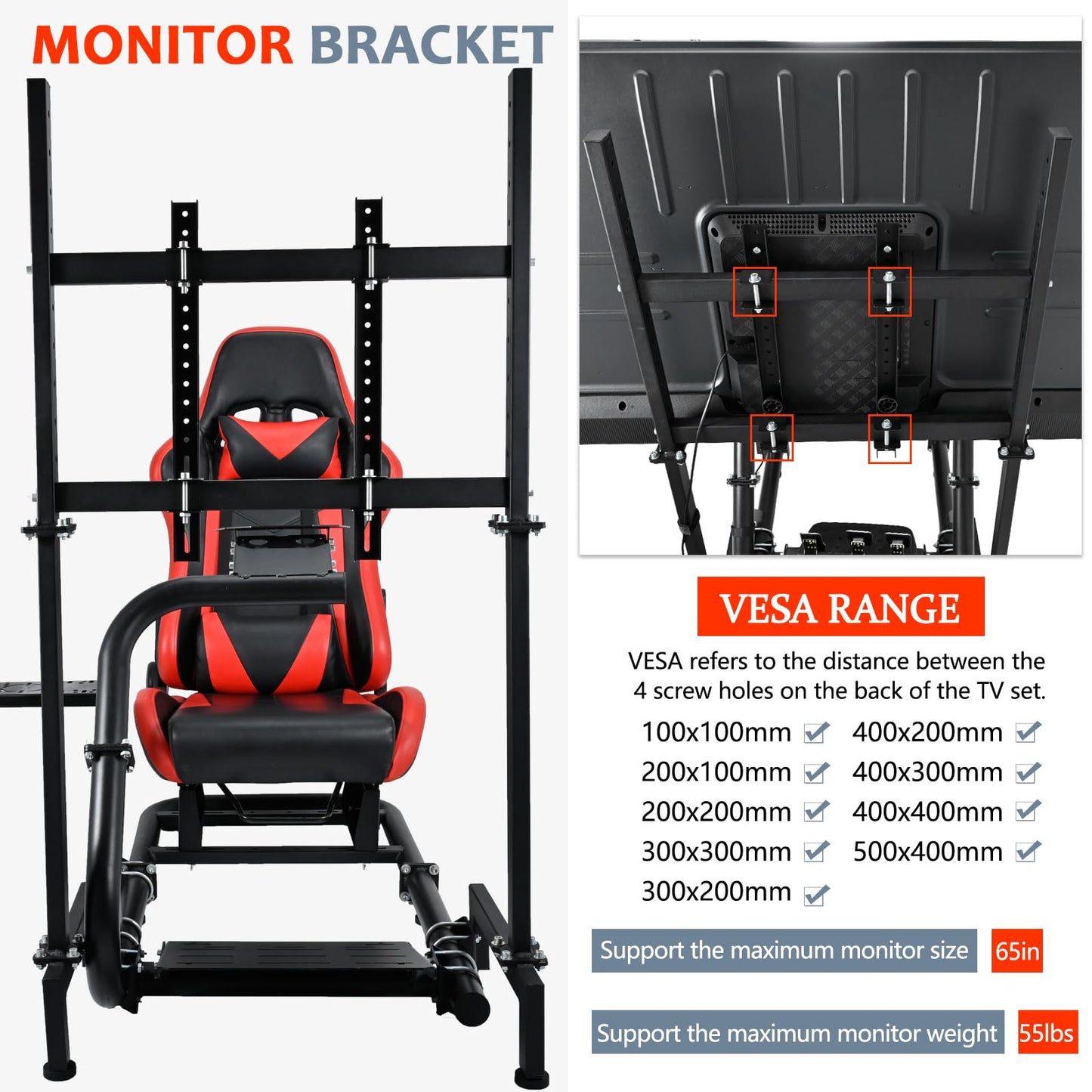 Racing Simulator Cockpit Stand with Monitor Stand Red Seat fit for G29 G27 G920 G923 Thrustmaster Fanatec Racing Wheel Frame TV&Shifter&Wheel&Pedals Not Included