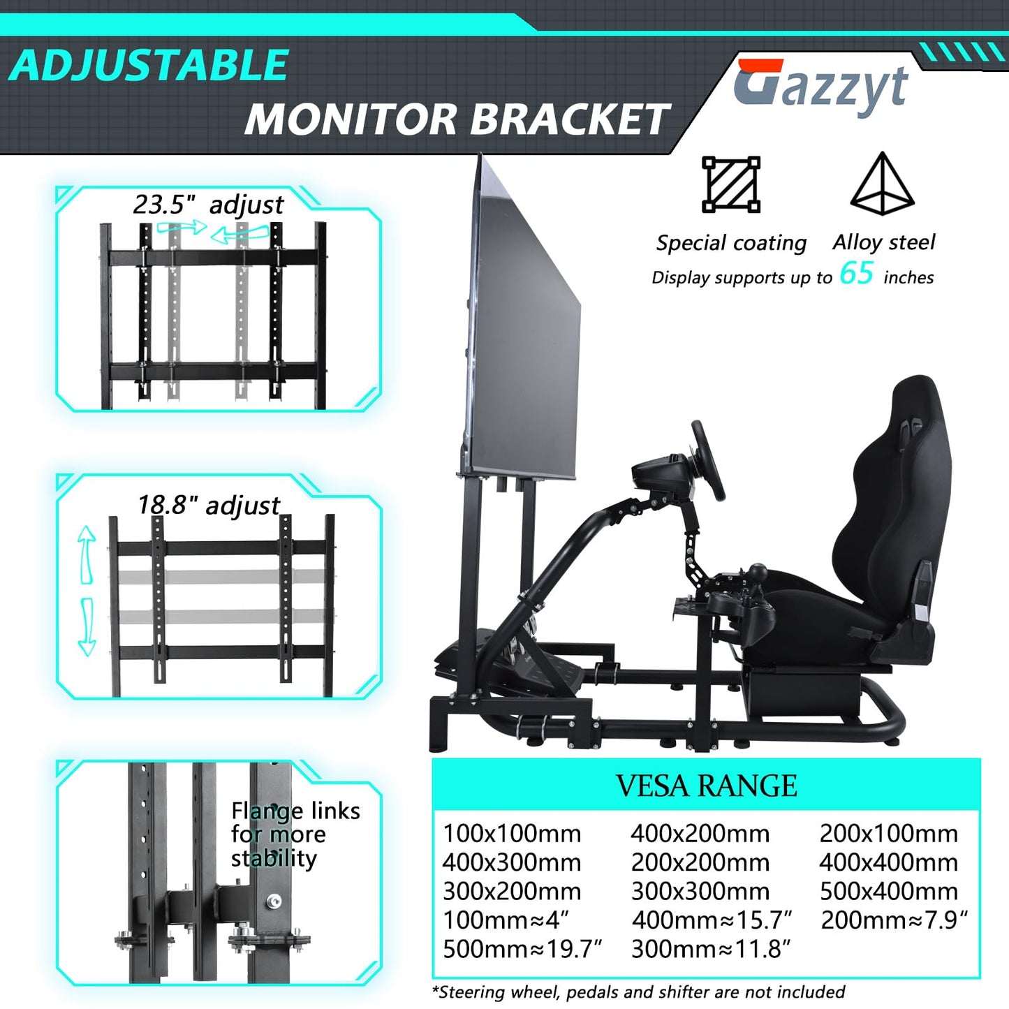 Racing Simulator Cockpit Stand with Monitor Stand Black Seat fit for G29 G27 G920 G923 Thrustmaster Fanatec Racing Wheel Frame TV&Shifter&Wheel&Pedals Not Included