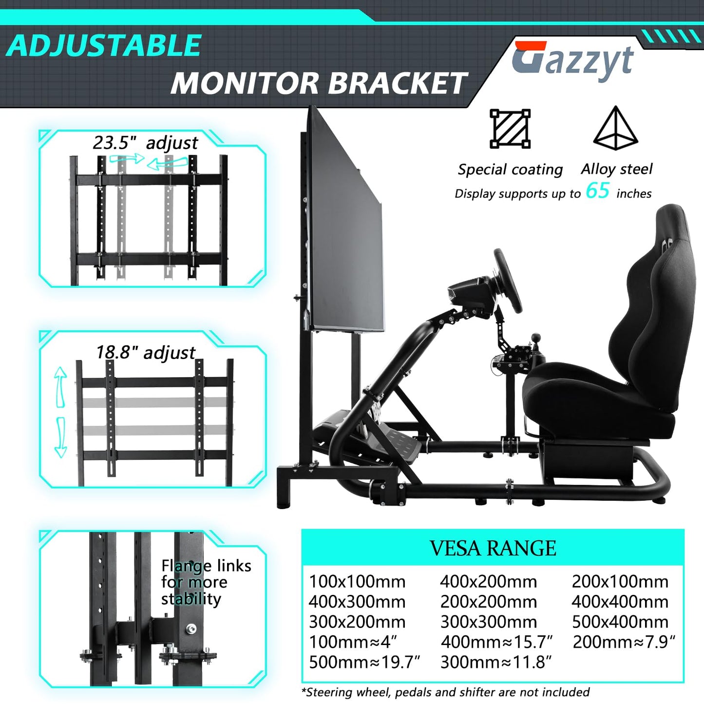 Racing Simulator Cockpit Black Racing Seat Stand with Monitor Mount Compatible with Logitech G27 G29 G920 G923 Thrustmaster Fanatec without TV Shifter Wheel Pedals