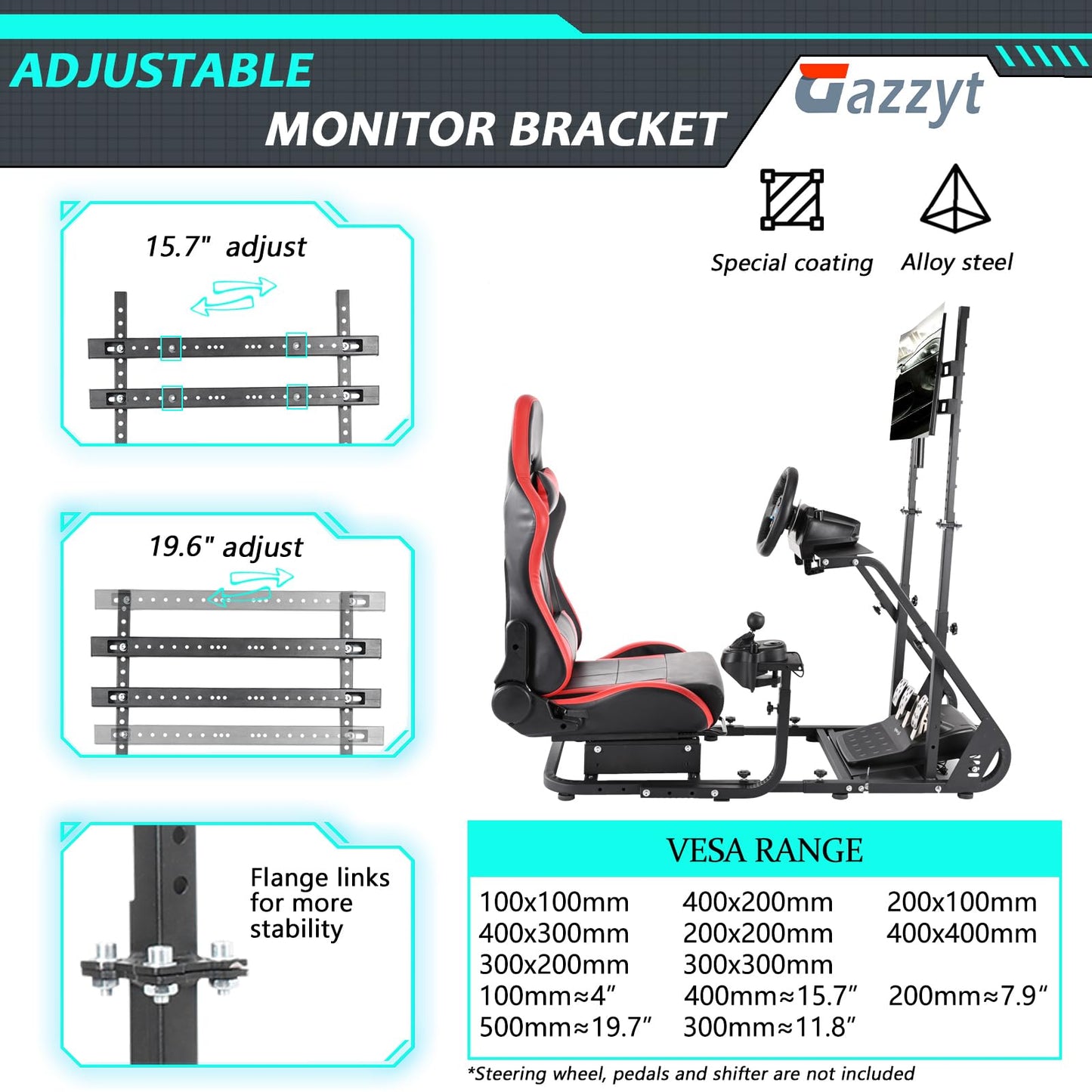 Racing Simulator Cockpit Adjustable Red Racing Seat with Monitor Stand fit for Logitech G27 G29, Thrustmaster, Fanatec, Driving Wheel Stand without TV Wheels Pedals Shifter