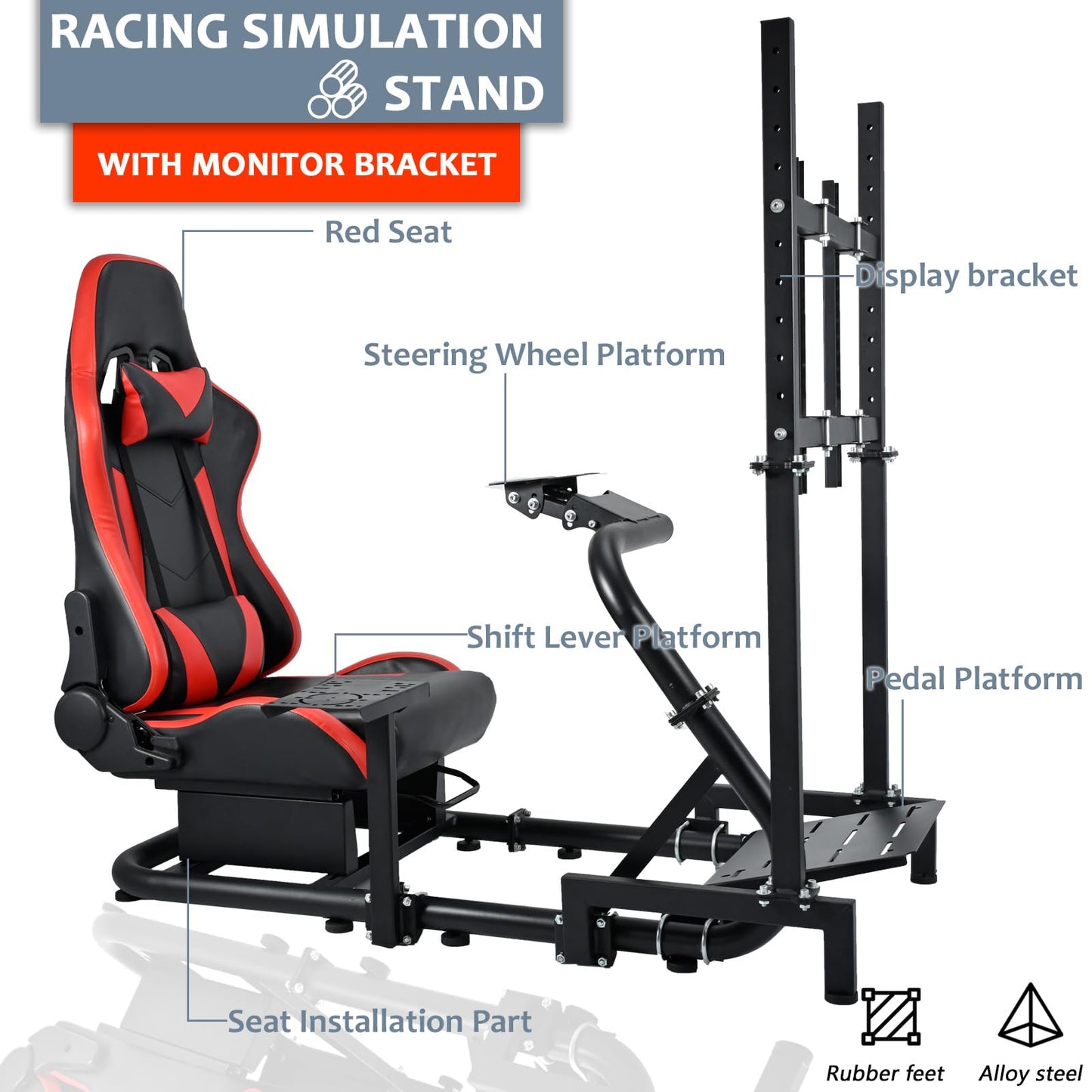 Racing Simulator Cockpit Stand with Monitor Stand Red Seat fit for G29 G27 G920 G923 Thrustmaster Fanatec Racing Wheel Frame TV&Shifter&Wheel&Pedals Not Included
