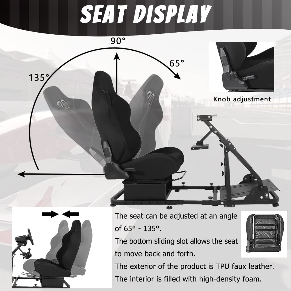 Adjustable Racing Simulator Cockpit Stand with Support Arms with Black Seat fit for Logitech G920 G27 G29,Steering Wheel Shifter Pedal Not Included