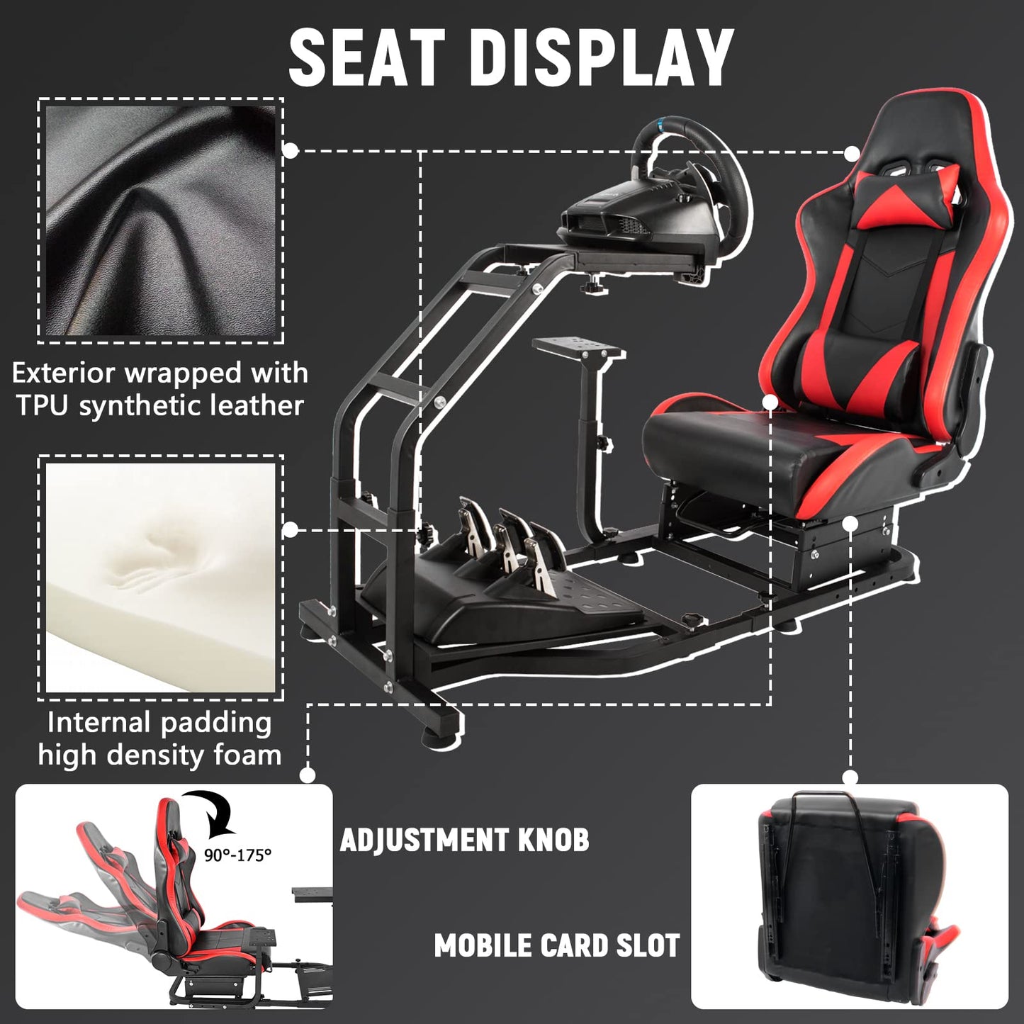 Racing Simulator Cockpit Stand with Red Racing Chair Adjustable Racing Wheel Stand fit for Logitech,Thrustmaster, G27 G29 G920, T300 T248 without Wheel Pedal and Shifter