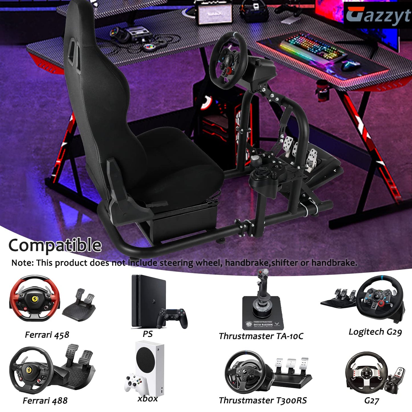 Upgrade Racing Simulator Cockpit Stand with Black Racing Seat fit for Logitech G27 G29 G923, Thrustmaster, Fanatec, Adjustable Wheel Stand,Handbrake&Shifter&Wheel&Pedal Not Included