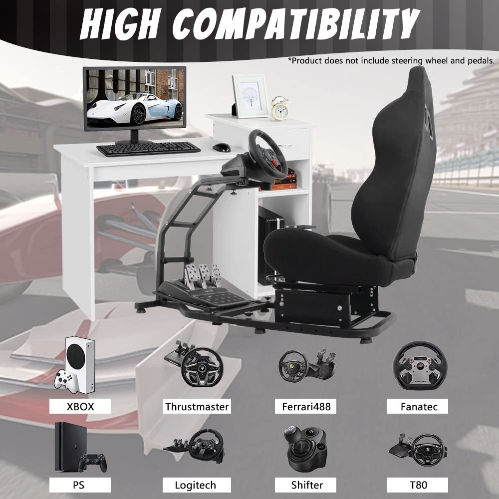 Racing Simulator Cockpit Stand with Black Chair Adjustable Racing Wheel Stand Fits for Logitech/Thrustmaster G27 G29 G920, T300 T300RS T248, without Wheel Pedal and Shifter