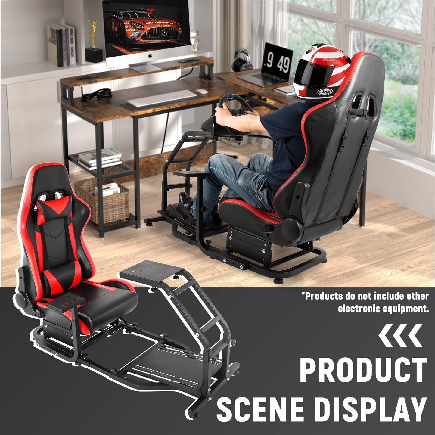 Racing Simulator Cockpit Stand with Red Racing Chair Adjustable Racing Wheel Stand fit for Logitech,Thrustmaster, G27 G29 G920, T300 T248 without Wheel Pedal and Shifter