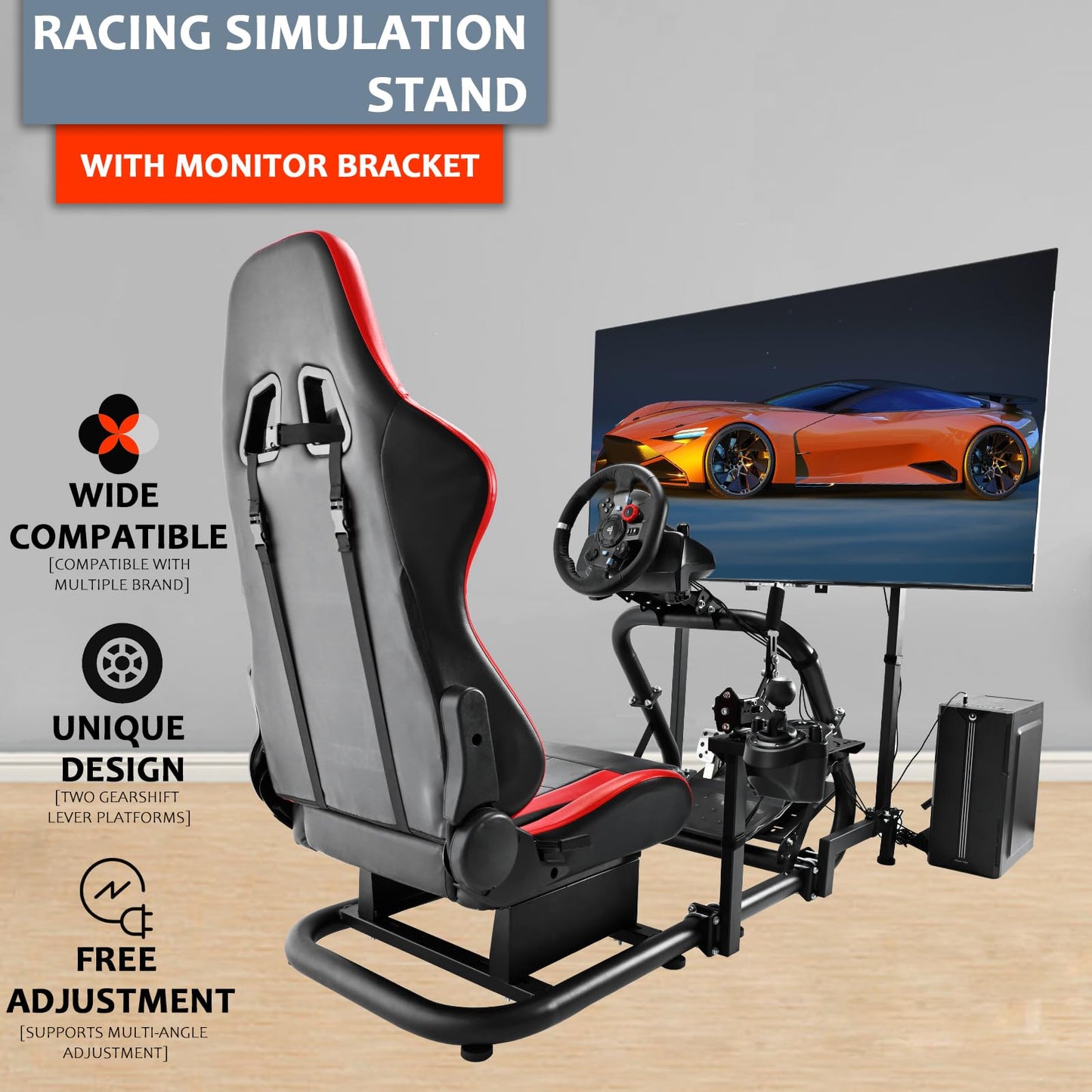 Racing Simulator Cockpit Red Racing Seat Stand with Monitor Mount Compatible with Logitech G27 G29 G920 Thrustmaster Fanatec without TV Shifter Wheel Pedals