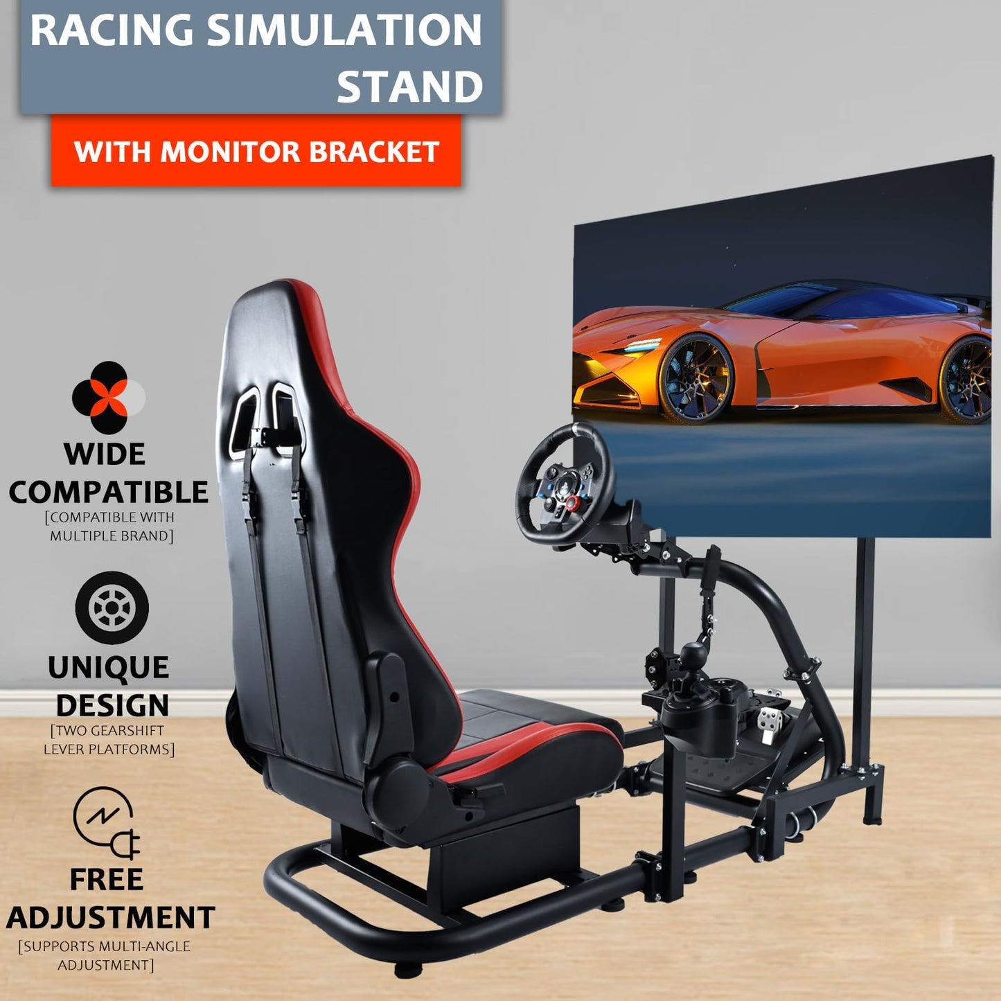 Racing Simulator Cockpit Stand with Monitor Stand Red Seat fit for G29 G27 G920 G923 Thrustmaster Fanatec Racing Wheel Frame TV&Shifter&Wheel&Pedals Not Included