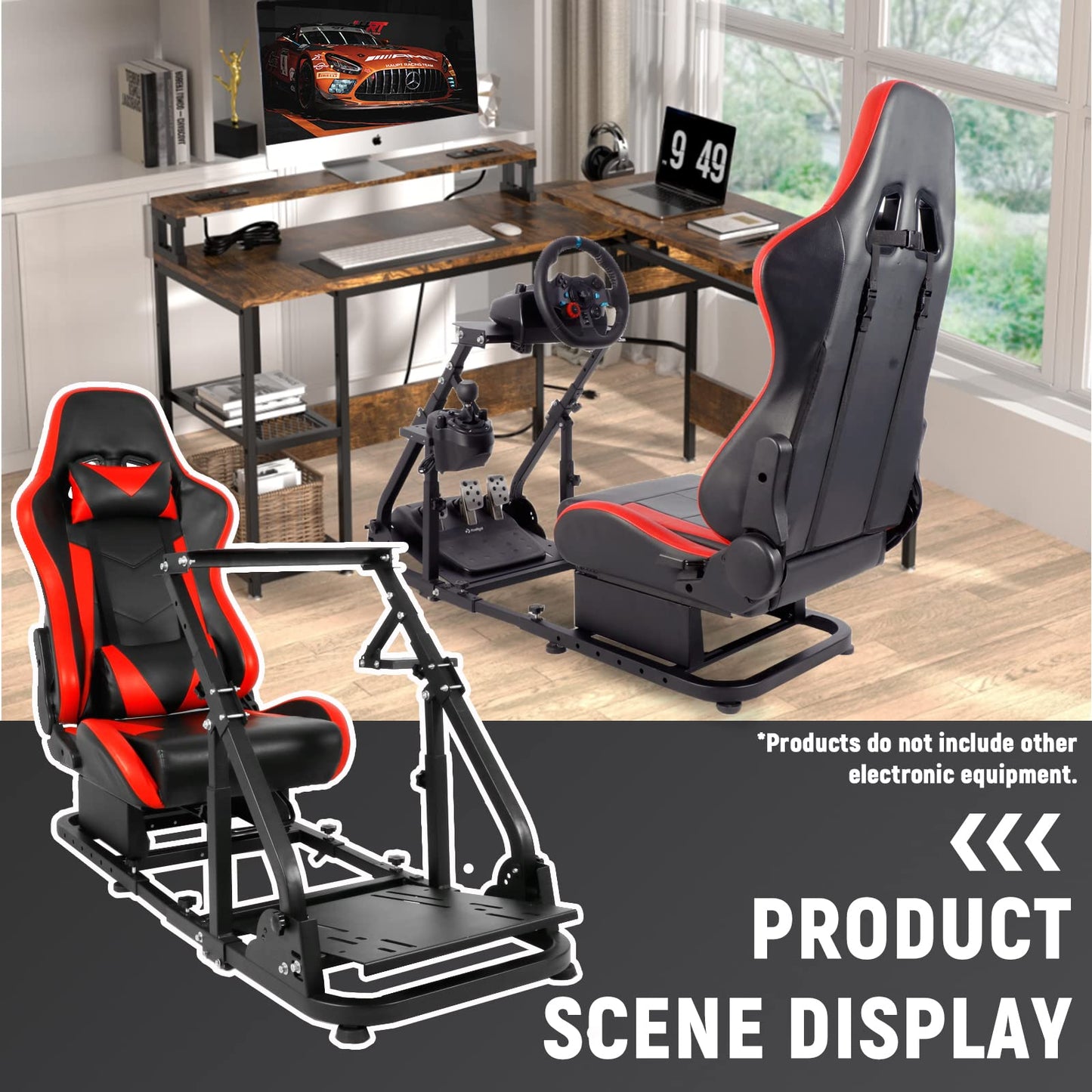 Adjustable Racing Simulator Cockpit Stand with Support Arms with Red Racing Seat Fit for Logitech G29 G920 G923,Steering Wheel Shifter Pedal and Seat Not Included