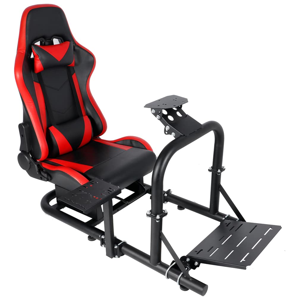 Upgrade Racing Simulator Cockpit Stand with Red Racing Seat fit for Logitech G27 G29 G923, Thrustmaster, Fanatec, Adjustable Wheel Stand Handbrake&Shifter&Wheel&Pedal Not Included
