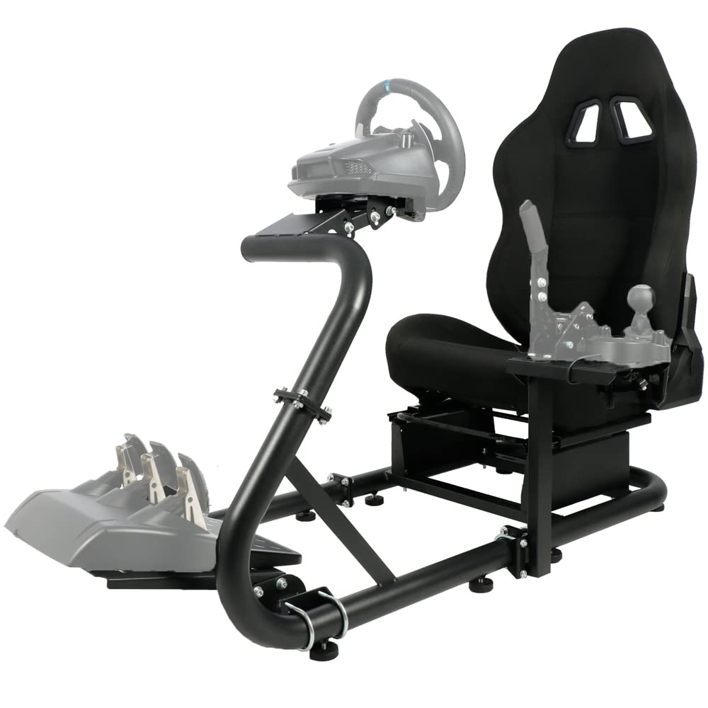 G29 Racing Simulator Cockpit Stand with Black Seat fits G27 G923 G920, Thrustmaster, Fanatec, Single Arm Large Round Tube Racing Wheel Stand Shifter&Wheel&Pedals Not Included