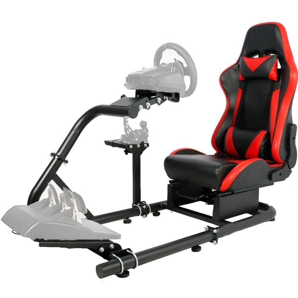 G29 Racing Simulator Cockpit Stand with Red Seat fits G27 G920 G923, Thrustmaster, Fanatec, Single Arm Large Round Tube Racing Wheel Stand Shifter&Wheel&Pedals Not Included