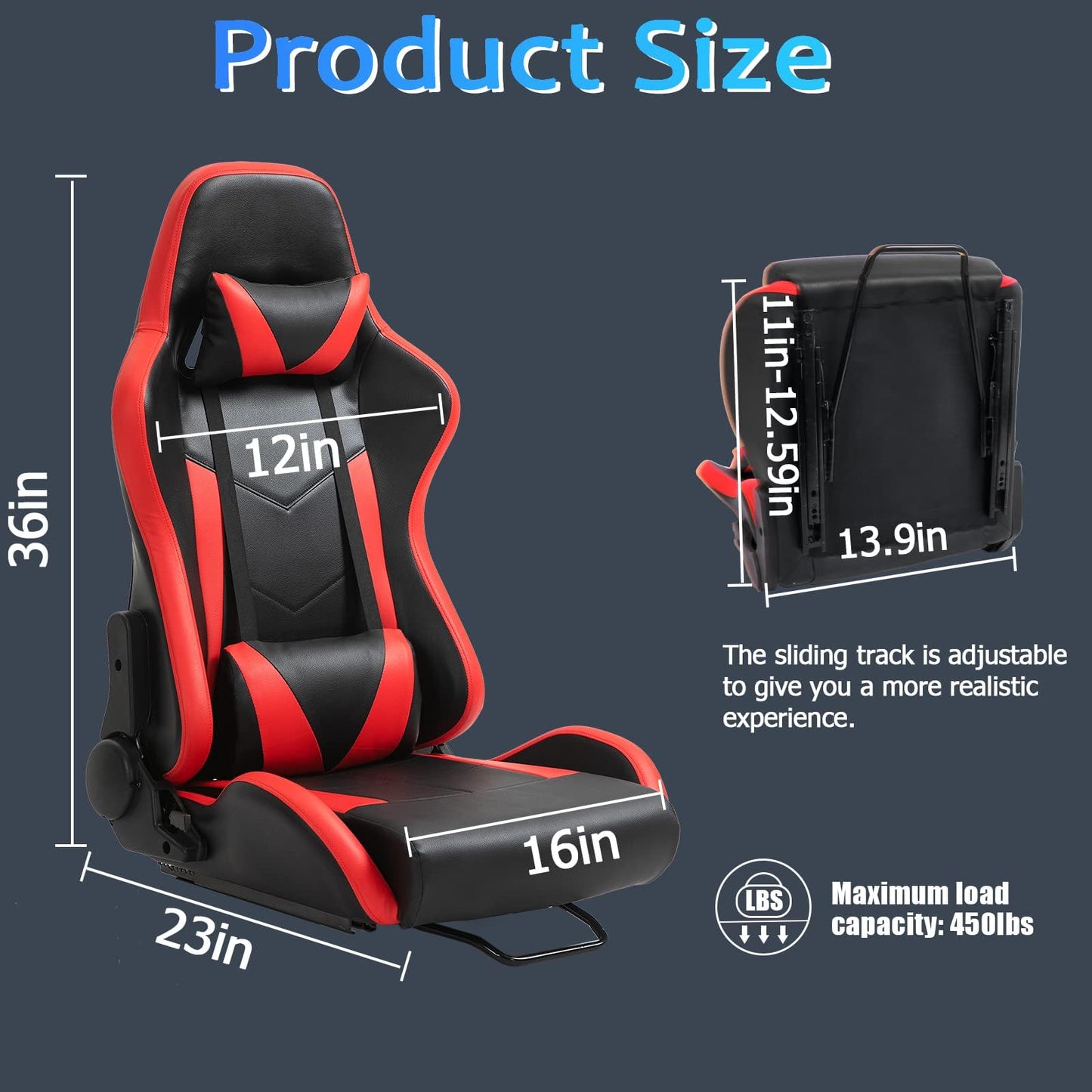 Cubo ergonómico rojo con almohada lumbar ajustable doble deslizamiento asiento de carreras resistente al desgaste de cuero sintético compatible con simulador de juegos, silla de montaje para