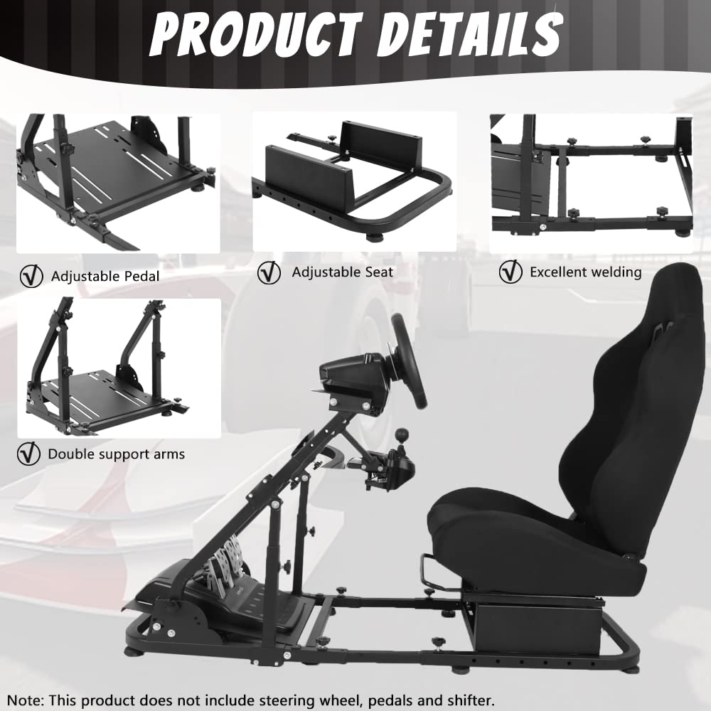 Adjustable Racing Simulator Cockpit Stand with Support Arms with Black Seat fit for Logitech G920 G27 G29,Steering Wheel Shifter Pedal Not Included