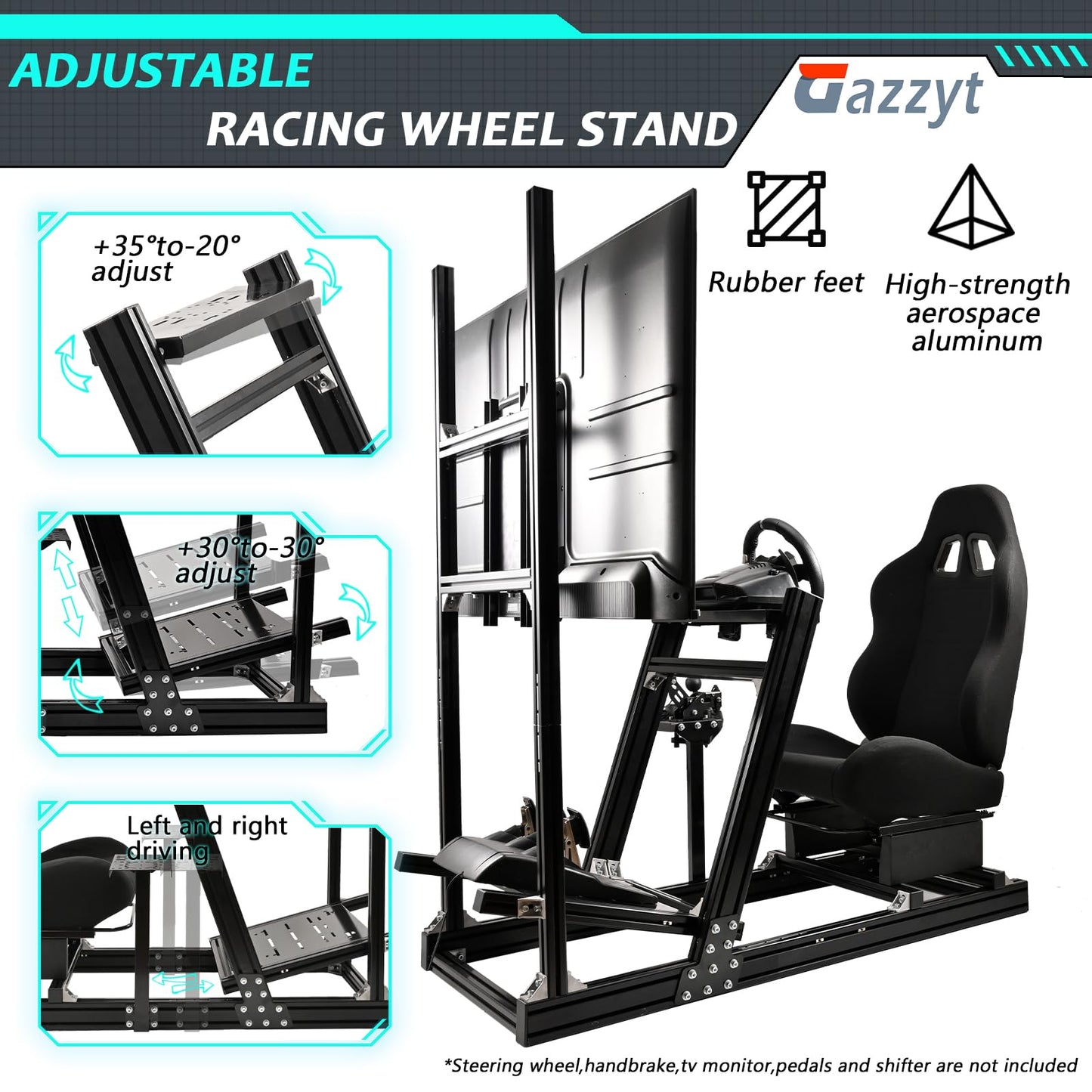 Gazzyt G29 Racing Simulator Cockpit Black Racing Seat Stand with Monitor Frame Fit for Logitech G920 G923, Thrustmaster, Fanatec, Aluminum Sim Racing Cockpit without Wheel,Pedal,Handbrake,Shifter,TV