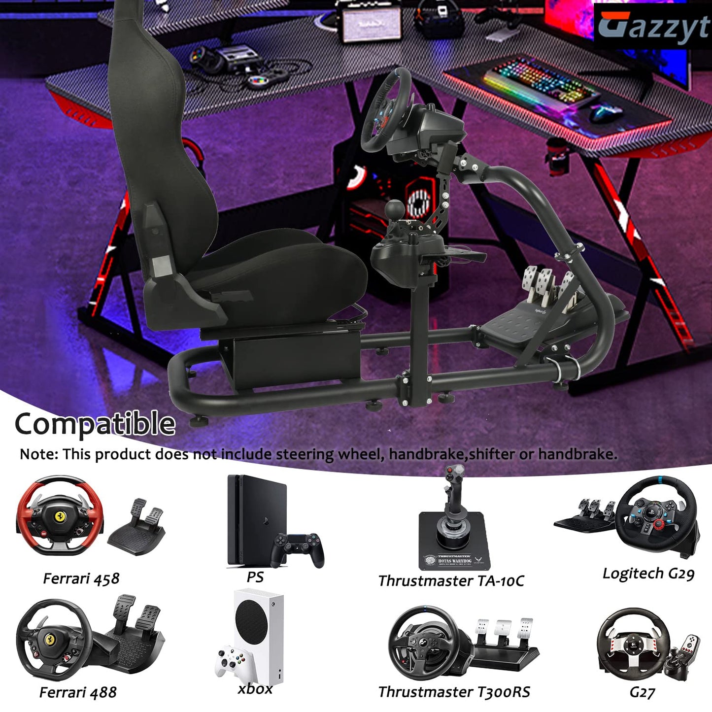 G29 Racing Simulator Cockpit Stand with Black Seat fits G27 G923 G920, Thrustmaster, Fanatec, Single Arm Large Round Tube Racing Wheel Stand Shifter&Wheel&Pedals Not Included