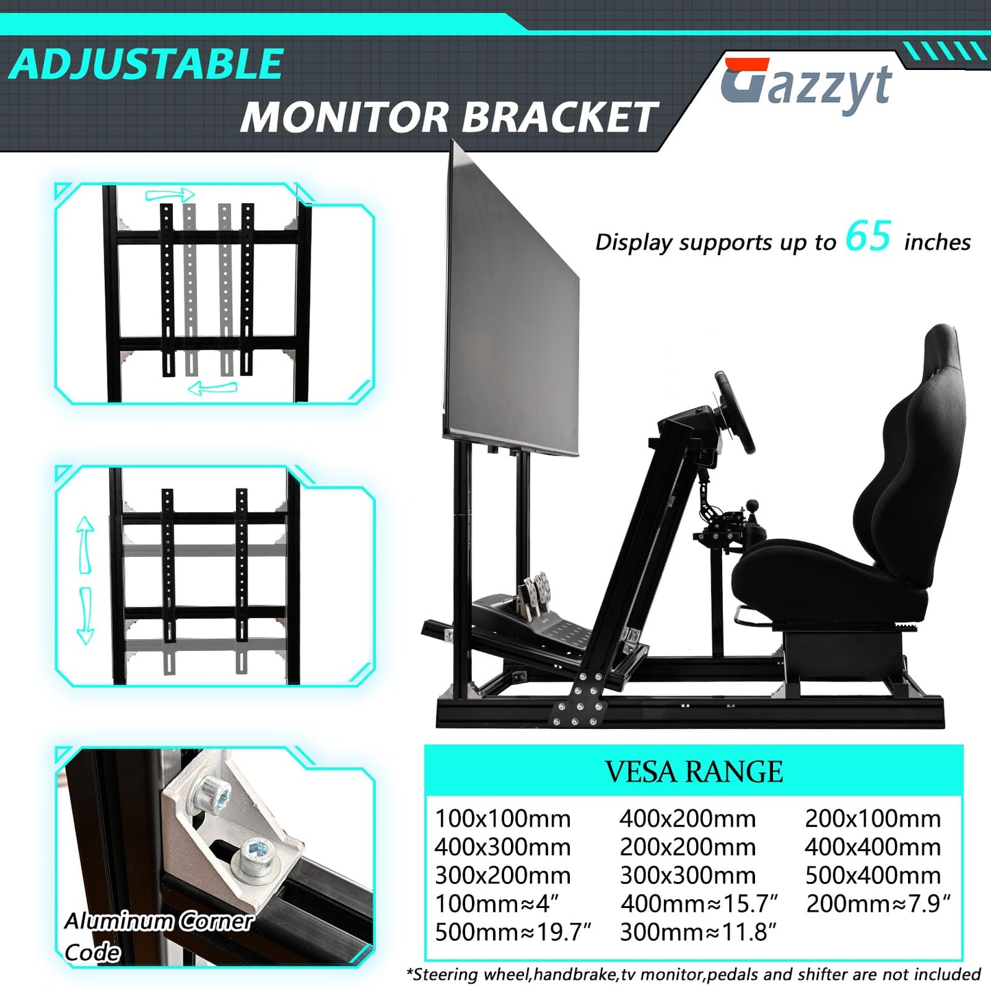 Gazzyt G29 Racing Simulator Cockpit Black Racing Seat Stand with Monitor Frame Fit for Logitech G920 G923, Thrustmaster, Fanatec, Aluminum Sim Racing Cockpit without Wheel,Pedal,Handbrake,Shifter,TV