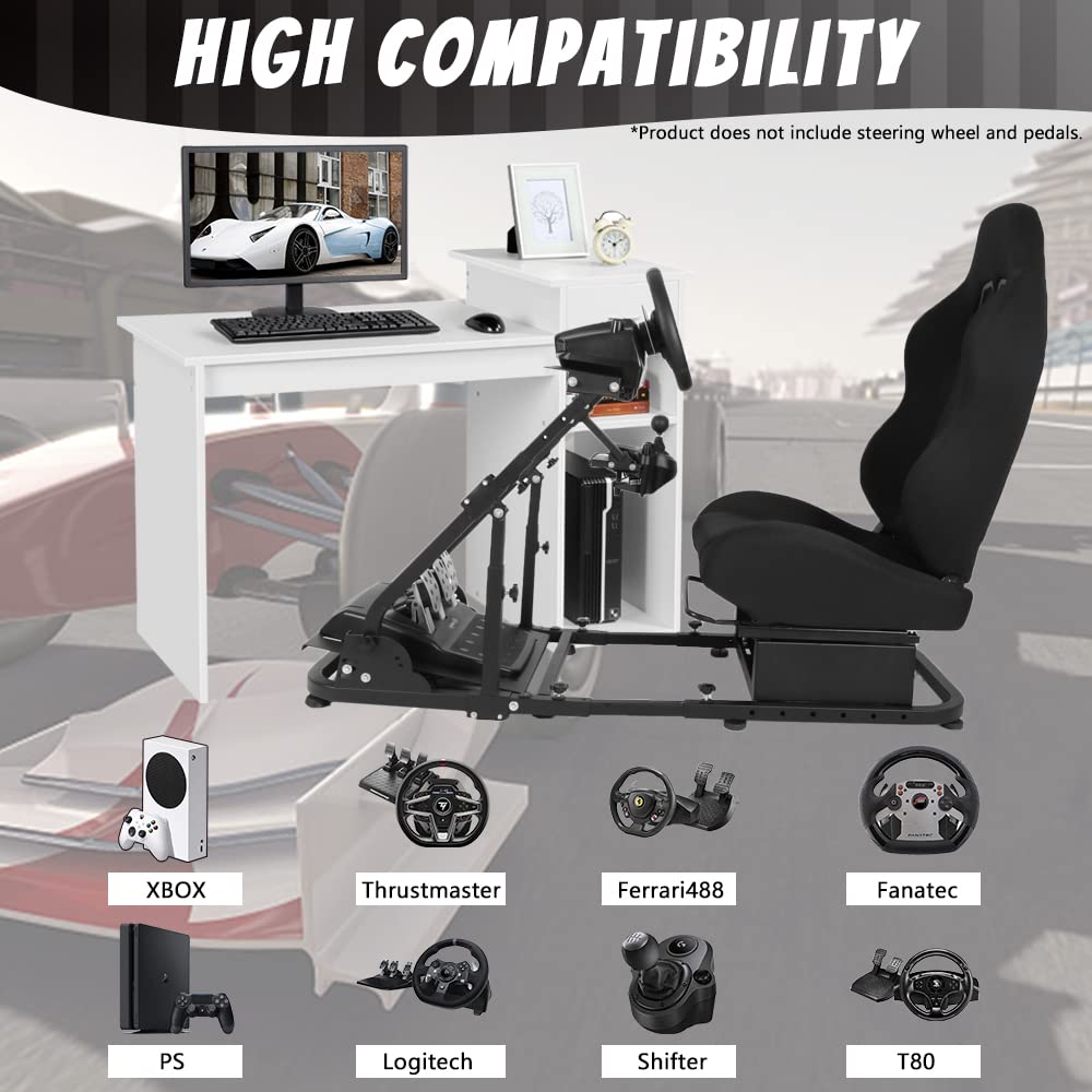 Adjustable Racing Simulator Cockpit Stand with Support Arms with Black Seat fit for Logitech G920 G27 G29,Steering Wheel Shifter Pedal Not Included