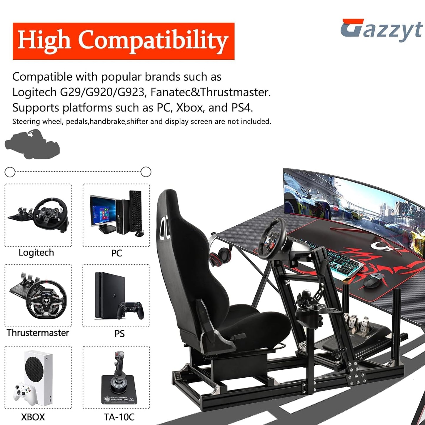 Gazzyt G29 Racing Simulator Cockpit Black Racing Seat Stand Fit for Logitech G920 G923, Thrustmaster, Fanatec, Aluminum Sim Racing Cockpit without Wheel,Pedal,Handbrake,Shifter,TV