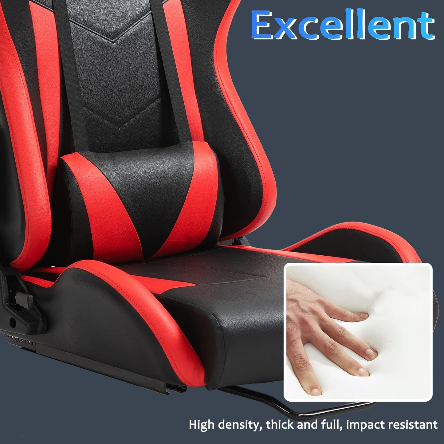 Cubo ergonómico rojo con almohada lumbar ajustable doble deslizamiento asiento de carreras resistente al desgaste de cuero sintético compatible con simulador de juegos, silla de montaje para