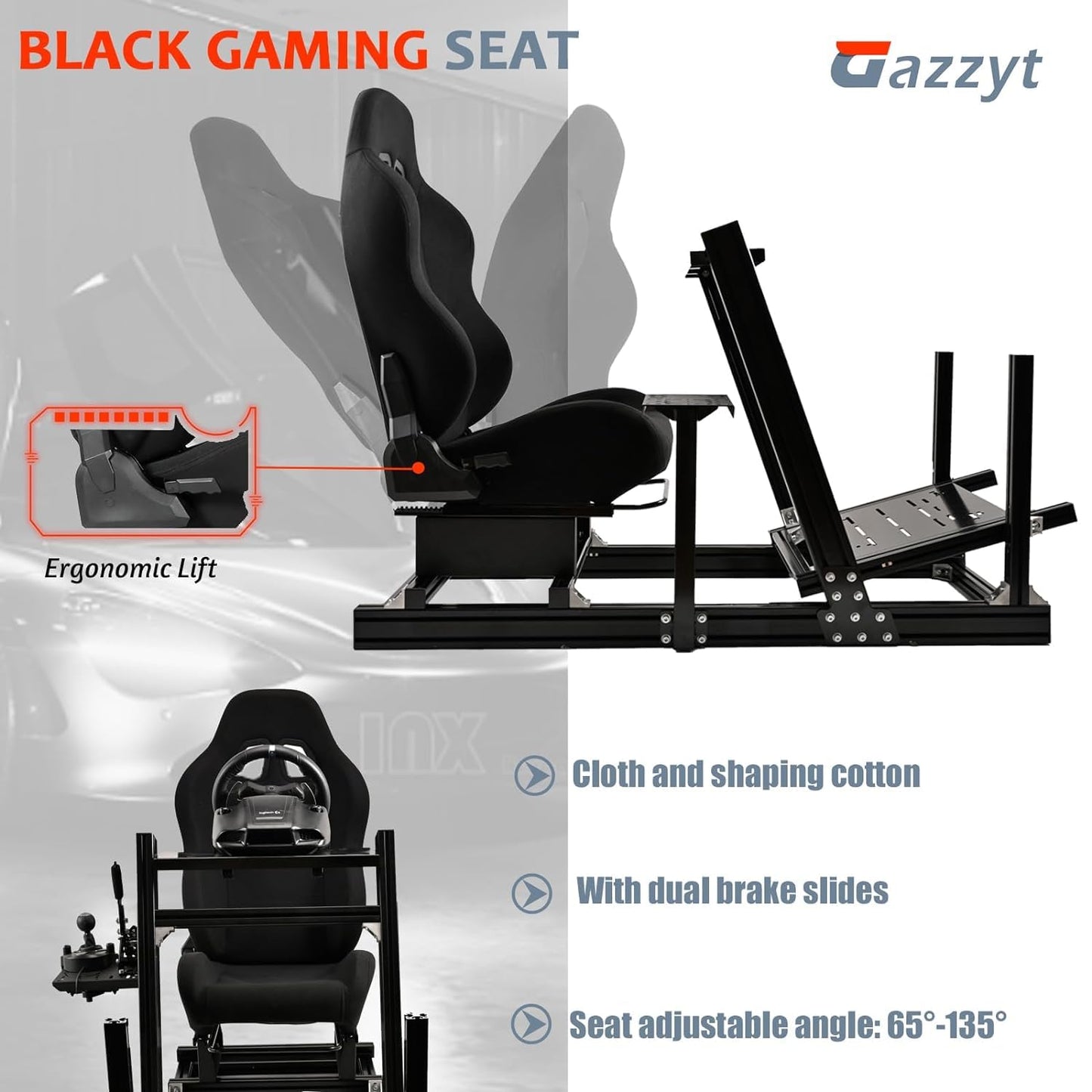 Gazzyt G29 Racing Simulator Cockpit Black Racing Seat Stand Fit for Logitech G920 G923, Thrustmaster, Fanatec, Aluminum Sim Racing Cockpit without Wheel,Pedal,Handbrake,Shifter,TV