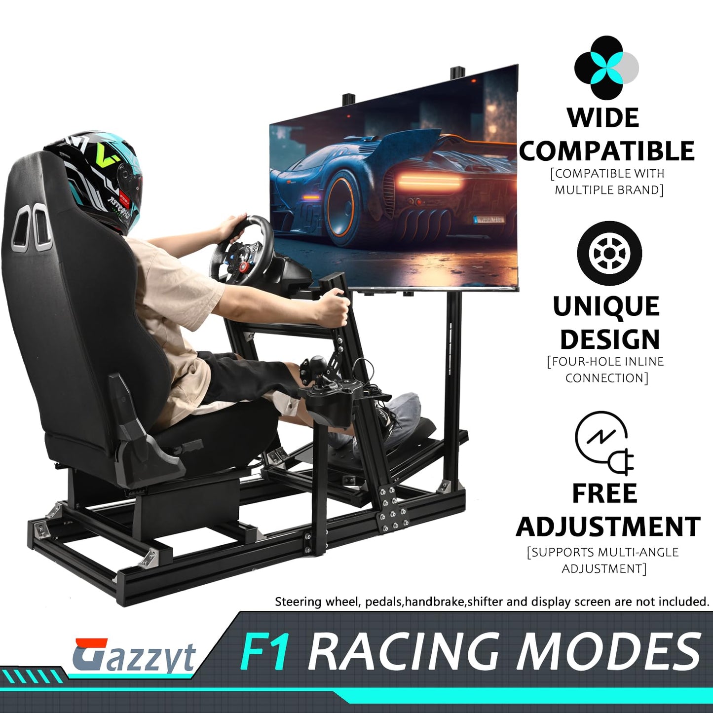 Gazzyt G29 Racing Simulator Cockpit Black Racing Seat Stand with Monitor Frame Fit for Logitech G920 G923, Thrustmaster, Fanatec, Aluminum Sim Racing Cockpit without Wheel,Pedal,Handbrake,Shifter,TV