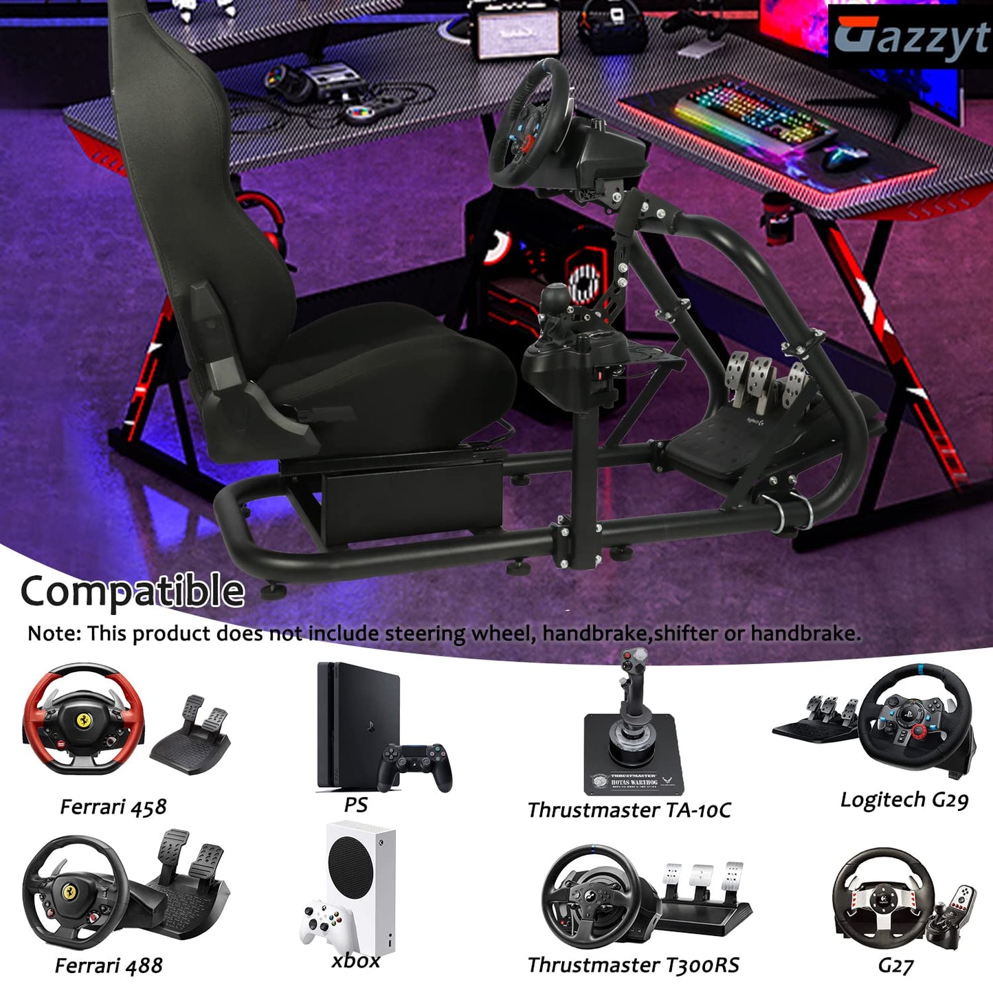 G29 Racing Simulator Cockpit Stand with Racing Seat fit for Logitech G27 G920, Thrustmaster, Fanatec, PC, Round Tube Gaming Wheel Stand, Wheel&Pedal Not Included