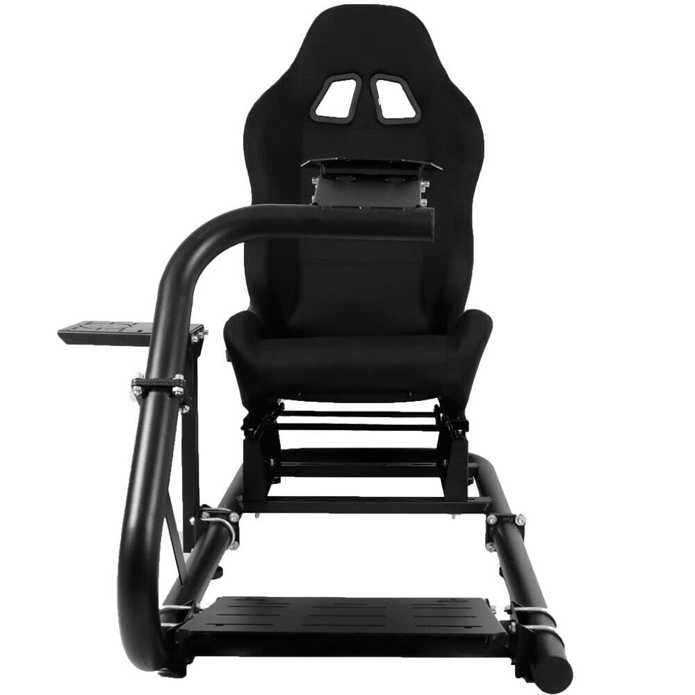 G29 Racing Simulator Cockpit Stand with Black Seat fits G27 G923 G920, Thrustmaster, Fanatec, Single Arm Large Round Tube Racing Wheel Stand Shifter&Wheel&Pedals Not Included