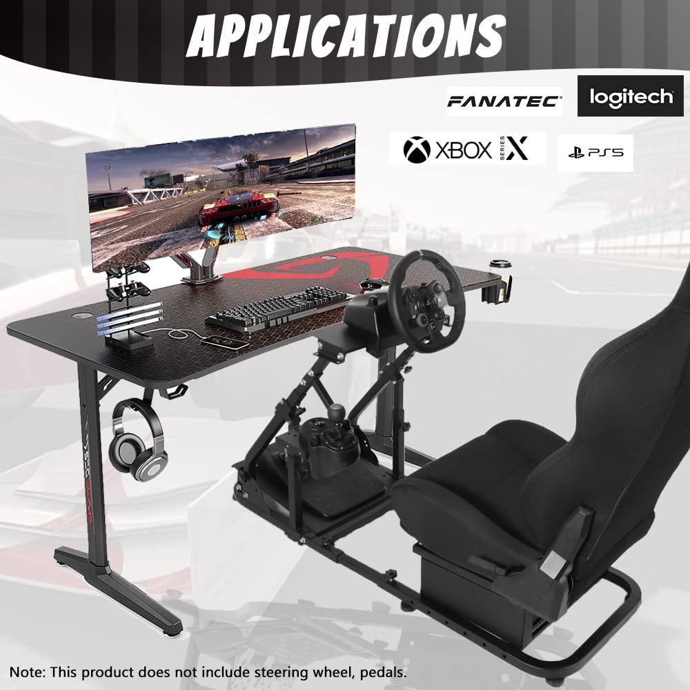 Adjustable Racing Simulator Cockpit Stand with Support Arms with Black Seat fit for Logitech G920 G27 G29,Steering Wheel Shifter Pedal Not Included