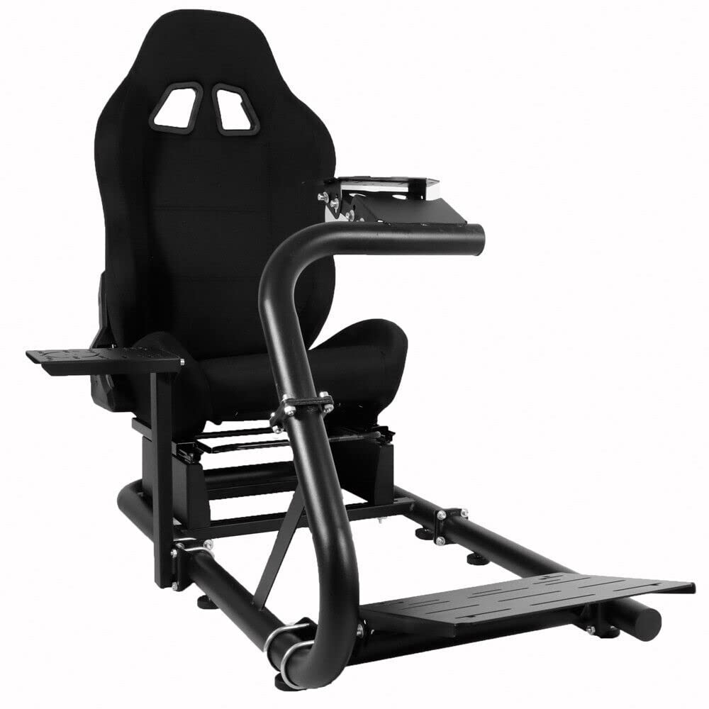 G29 Racing Simulator Cockpit Stand with Black Seat fits G27 G923 G920, Thrustmaster, Fanatec, Single Arm Large Round Tube Racing Wheel Stand Shifter&Wheel&Pedals Not Included