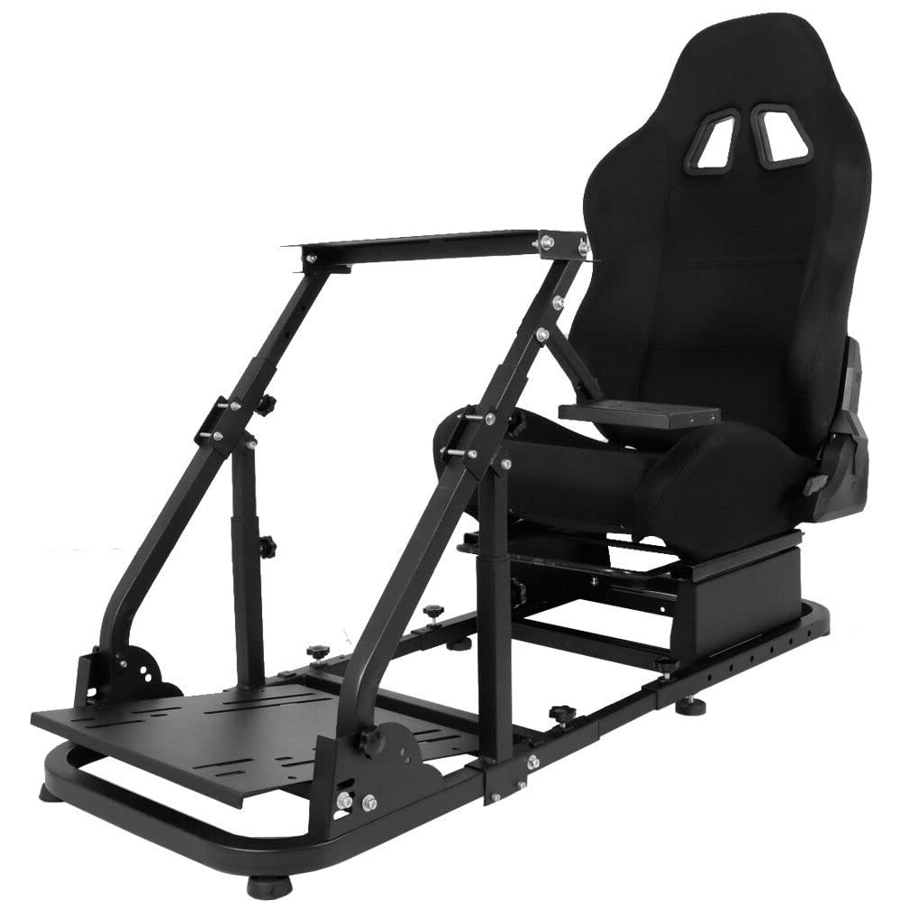 Adjustable Racing Simulator Cockpit Stand with Support Arms with Black Seat fit for Logitech G920 G27 G29,Steering Wheel Shifter Pedal Not Included